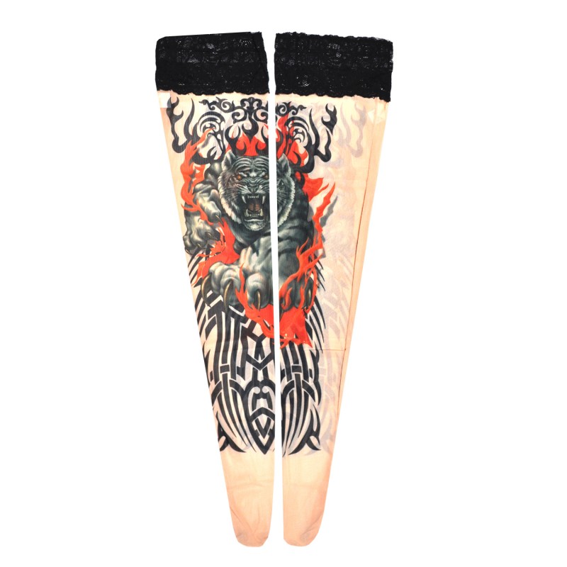 Women's Fake Tattoo Hold Ups Stockings Tiger & Tribal Design (TS14)